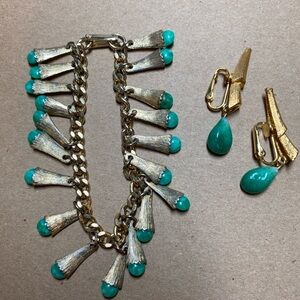 Vintage gold and green faux jade charm bracelet and clip earrings